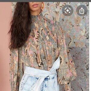 Ulla Johnson Dune High Neck Bird ofParadise Printed Blouse Size 4 Ivory Metallic